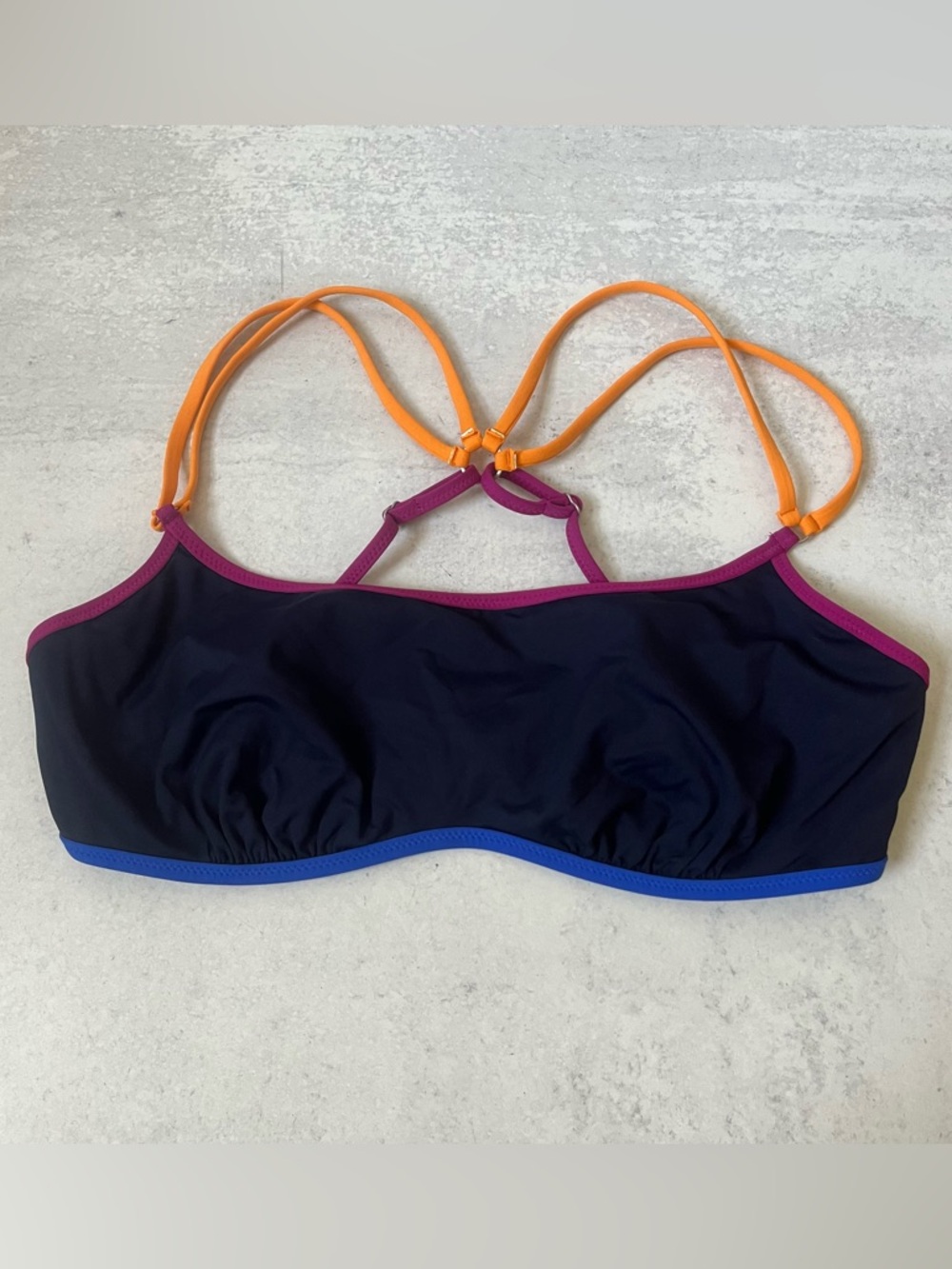 Athleta Underwire Bikini Top 36B/C Navy Blue Strappy Back Swimwear